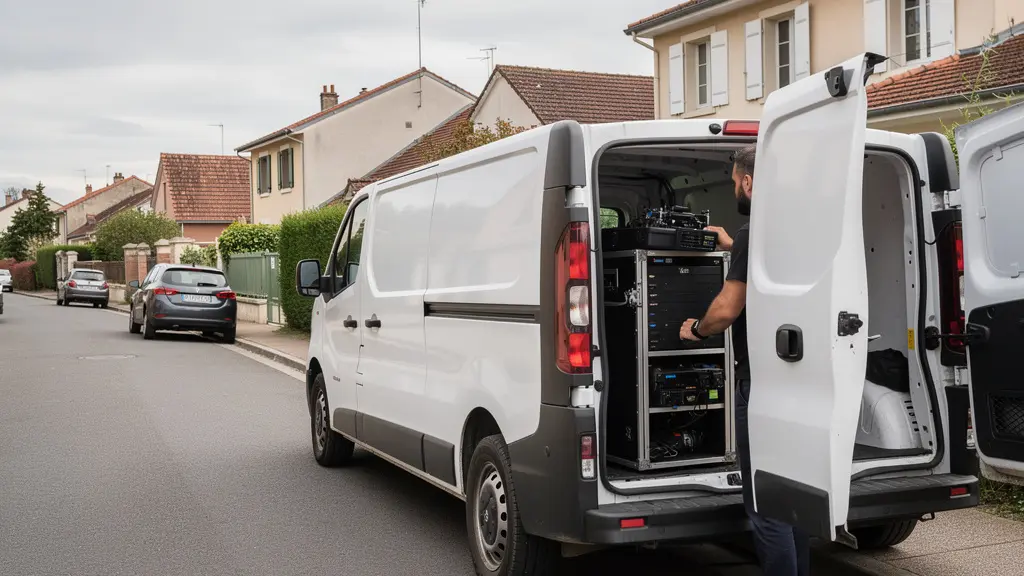 Véhicule utilitaire d'entreprise d'assainissement stationné devant pavillon pour intervention débouchage