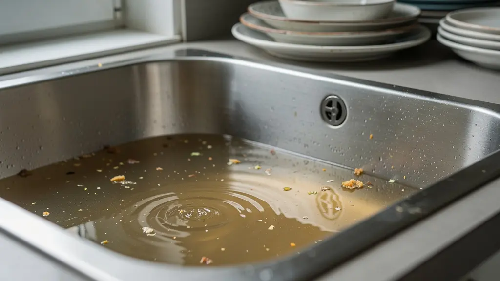 Évier de cuisine rempli d'eau stagnante qui ne s'écoule pas, symptôme de canalisation bouchée