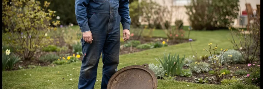 Technicien débouchage inspectant une canalisation extérieure dans un jardin à Cholet