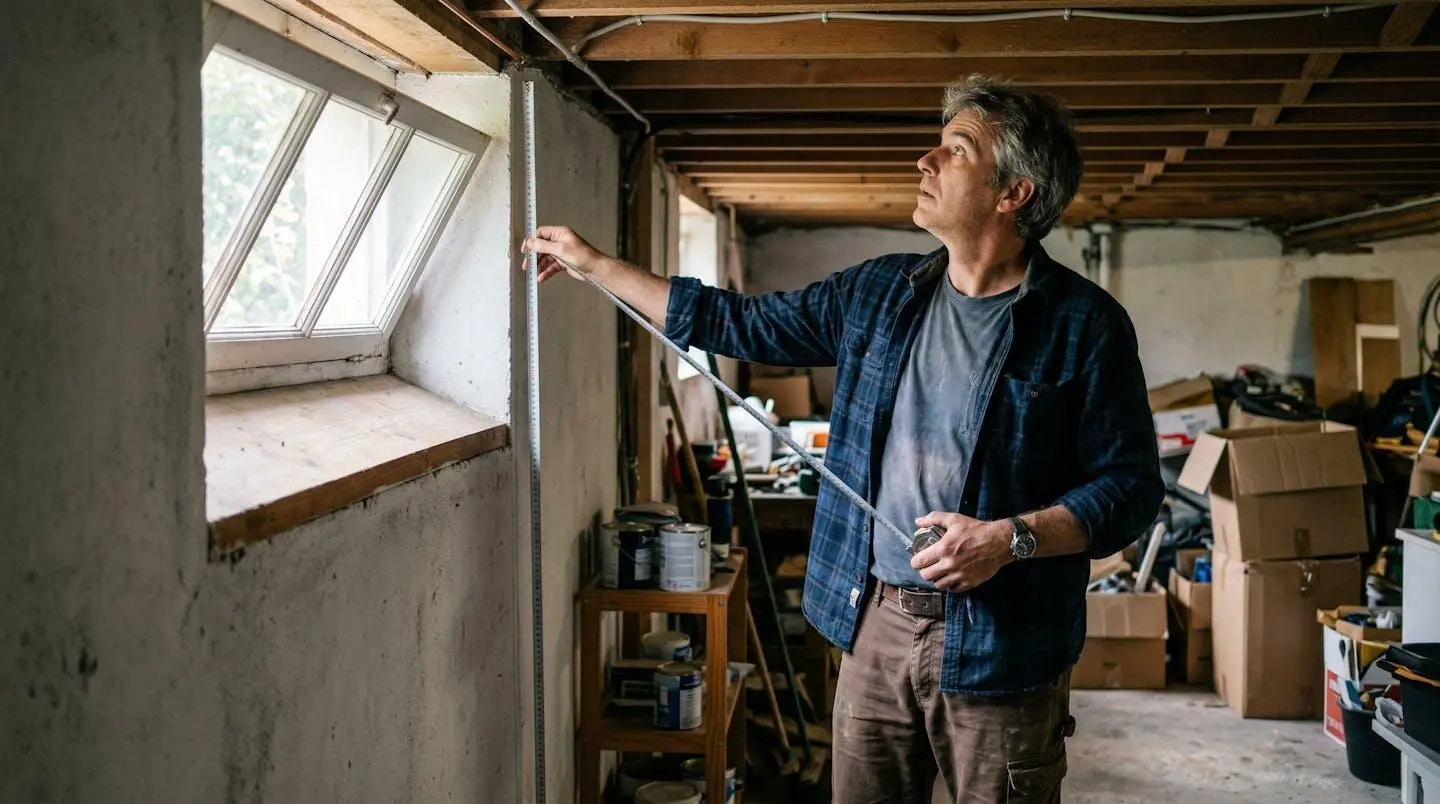 Propriétaire mesurant la hauteur avec un mètre ruban dans son sous-sol
