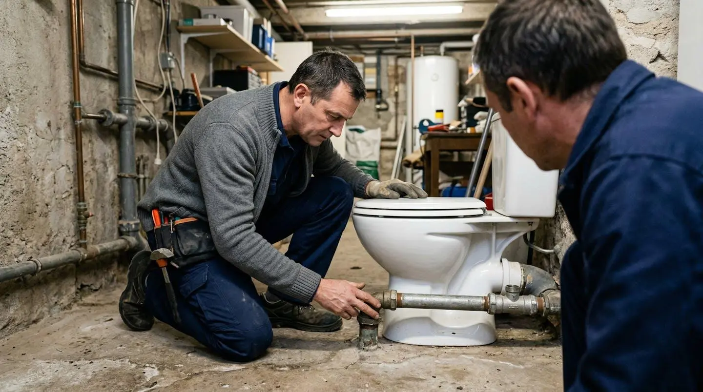Plombier inspectant le raccordement d'un sanibroyeur dans un sous-sol