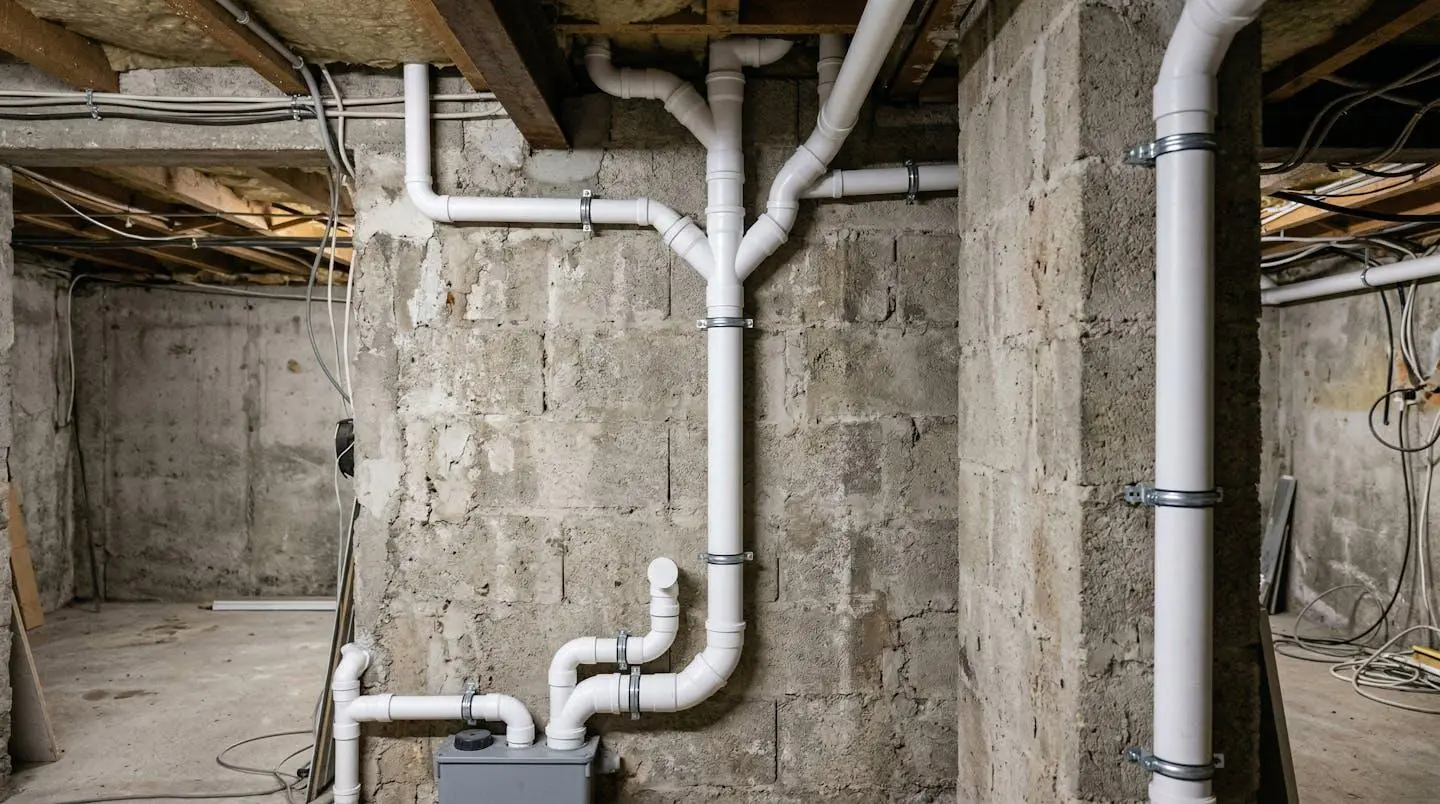 Installation de tuyaux PVC avec coudes dans un sous-sol résidentiel